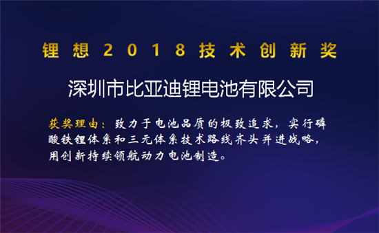 比亞迪/桑頓/微宏/塔菲爾獲鋰想2018技術創(chuàng)新獎 湖南鴻捷獲鋰想環(huán)保先鋒獎